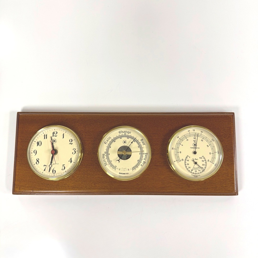 Vtg Bey-Berk Wood Wall Weather Station Clock Barometer Thermometer Hygrometer